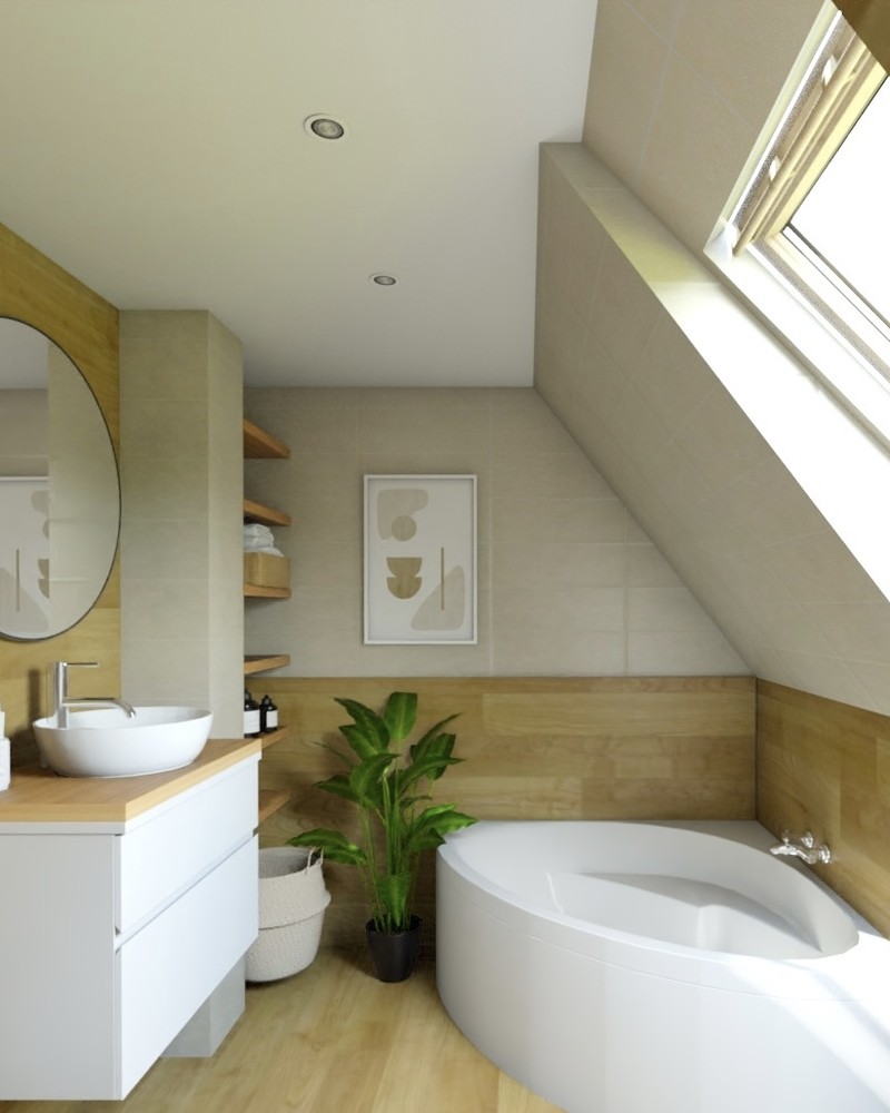 Rendu 3D de la même salle de bain, avec un meuble vasque blanc, une plante verte et une baignoire d’angle